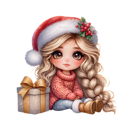 A charming girl in a Santa hat and cozy pink sweater sits beside a beautifully wrapped gift, ready for the holidays.DTF Transfersdtf regular iron