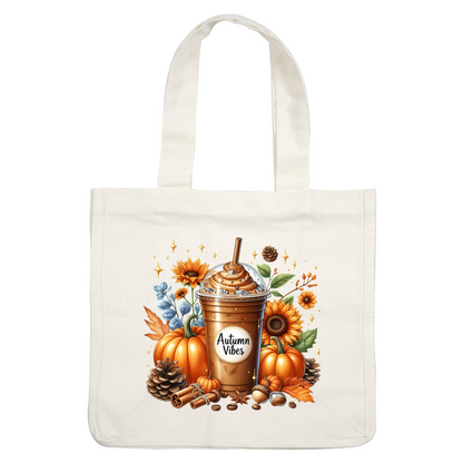 Delight in the autumn spirit with this creamy caramel coffee frappe, surrounded by pumpkins, sunflowers, and fall decorations. dtf transfers