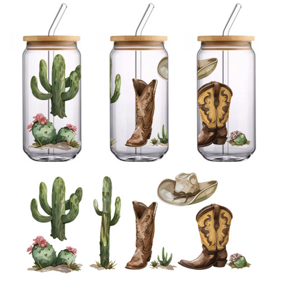 A charming collection of cowboy boots, a stylish hat, and vibrant cacti with flowers, showcasing a western theme.UV Transfers dtf prints