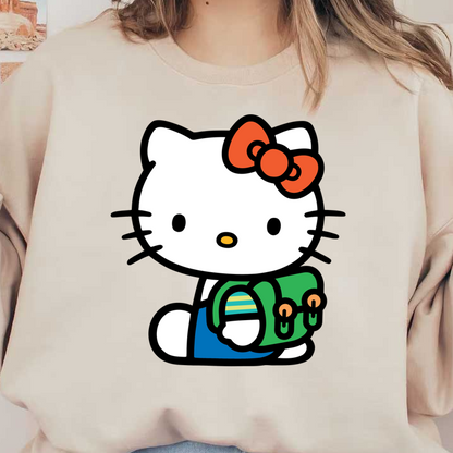 Hello Kitty is dressed in a cute outfit with a vibrant orange bow and is carrying a colorful green backpack.DTF Transfers