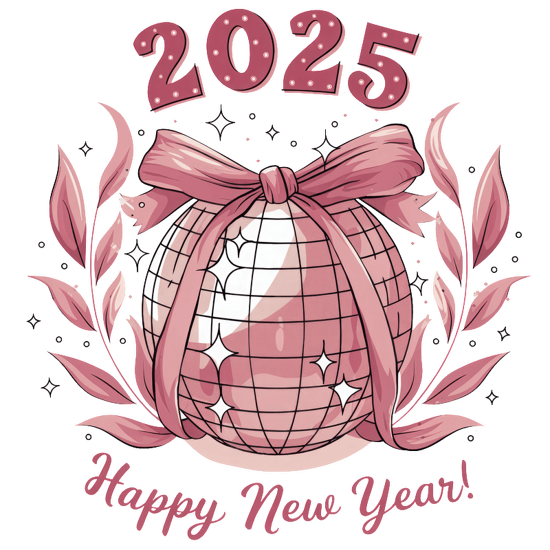 Celebrate the New Year with this festive 2025 design featuring a charming disco ball wrapped in a pink ribbon!DTF Transfers