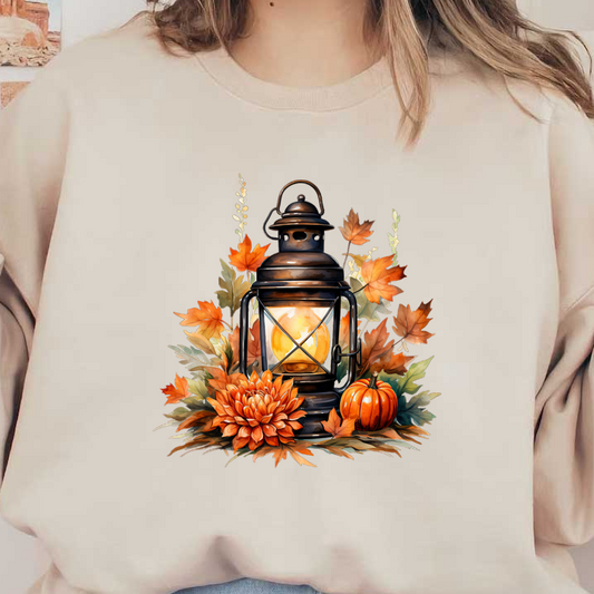 A charming vintage lantern surrounded by vibrant autumn leaves, a festive pumpkin, and a large flower, perfect for fall decor.dtf regular iron