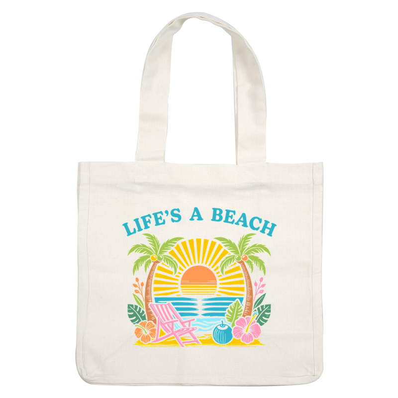 "Bright and fun beach-themed artwork with palm trees, sun, and a chair."DTF Transfers