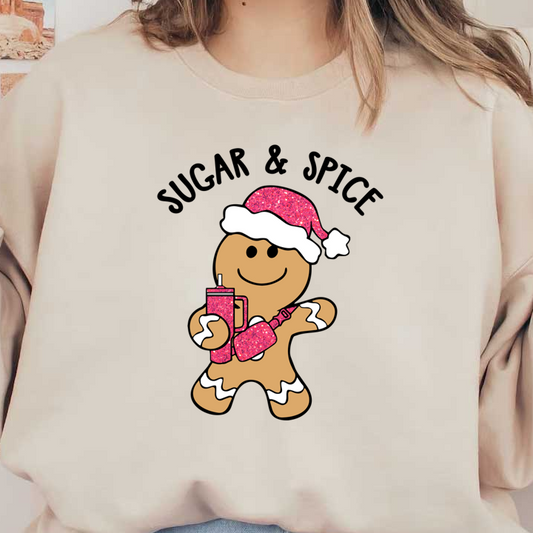 A cute gingerbread man wearing a glittery pink Santa hat and holding a pink drink, perfect for festive cheer!dtf regular iron