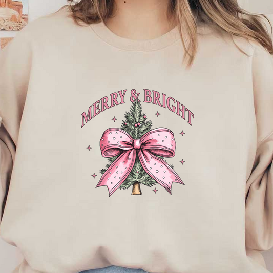 A cheerful illustration of a Christmas tree with a pink bow, accompanied by the text "Merry & Bright." heat press transfers