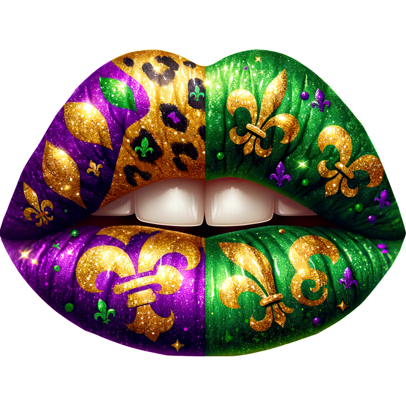 Vibrantly decorated lips featuring purple, gold, and green designs, including leopard print and fleur-de-lis motifs, perfect for festive celebrations.DTF Transfers