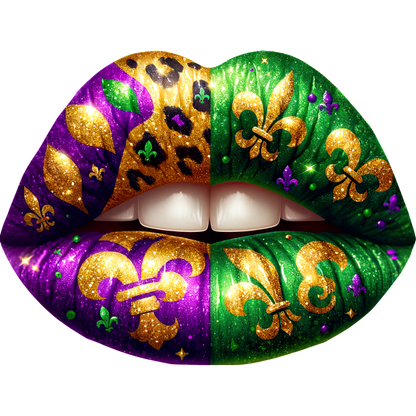 Vibrantly decorated lips featuring purple, gold, and green designs, including leopard print and fleur-de-lis motifs, perfect for festive celebrations.DTF Transfers