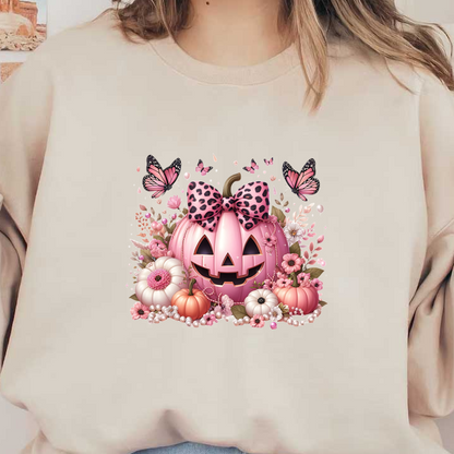 A whimsical pink pumpkin with a leopard print bow, surrounded by pastel flowers and butterflies, perfect for festive charm. dtf prints