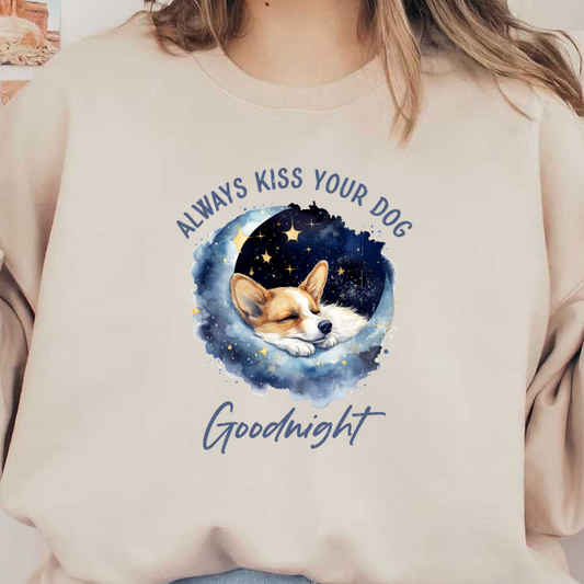 Adorable corgi durmiendo pacíficamente entre estrellas y una luna creciente, con el emotivo mensaje: "Siempre besa a tu perro buenas noches".