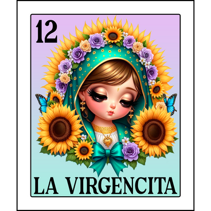 Una colorida ilustración de "La Virgencita", que presenta a una niña serena adornada con girasoles, rosas y mariposas, rodeada de vibrantes detalles florales.