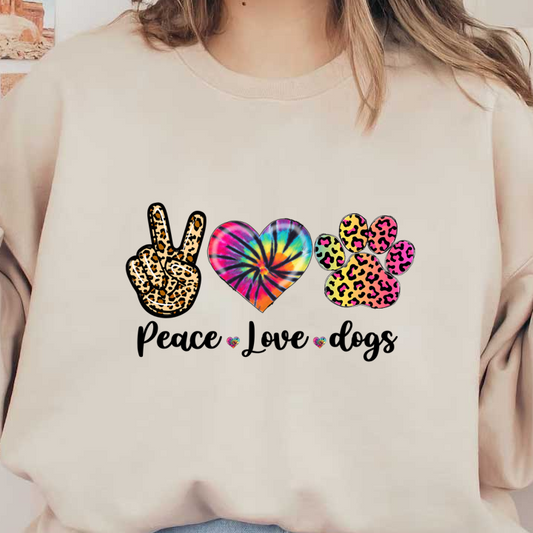 Colorful graphic featuring a leopard print peace sign, a vibrant tie-dye heart, and a playful paw print design, celebrating love for animals.DTF Transfers dtf prints