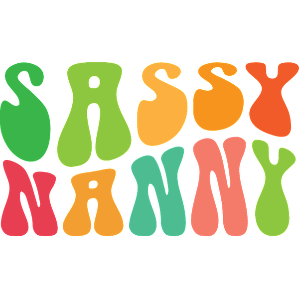 Diseño de texto colorido y divertido con las palabras "Sassy Nanny" en formas vibrantes y abstractas.