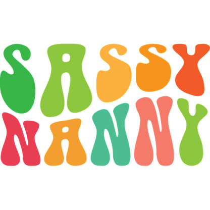 Diseño de texto colorido y divertido con las palabras "Sassy Nanny" en formas vibrantes y abstractas.