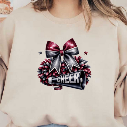 A vibrant cheerleading design featuring a glittery bow, pom-poms, and a megaphone emblazoned with the word "CHEER."DTF Transfers dtf prints