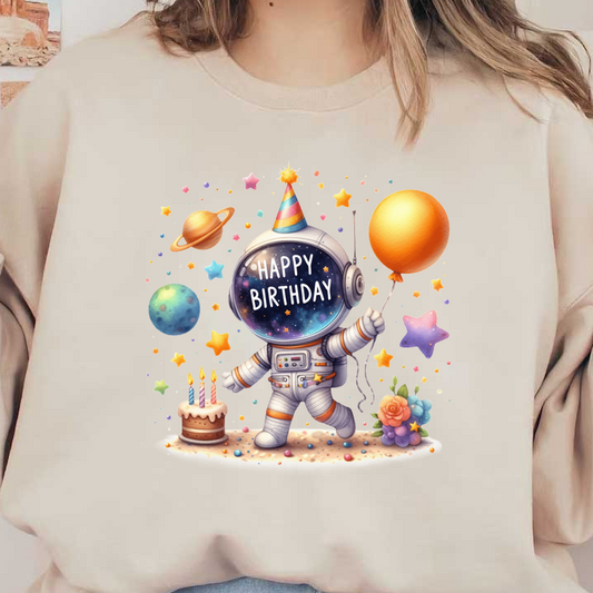 A cheerful astronaut in a birthday hat holds a balloon, surrounded by planets, stars, and a birthday cake with candles.DTF Transfers