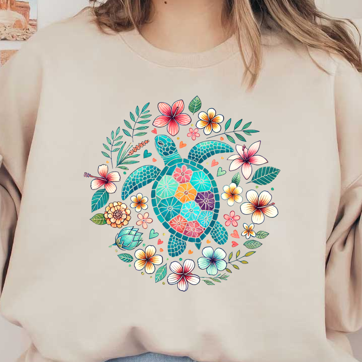 Vibrant illustration of a turtle surrounded by colorful flowers and leaves.DTF Transfers