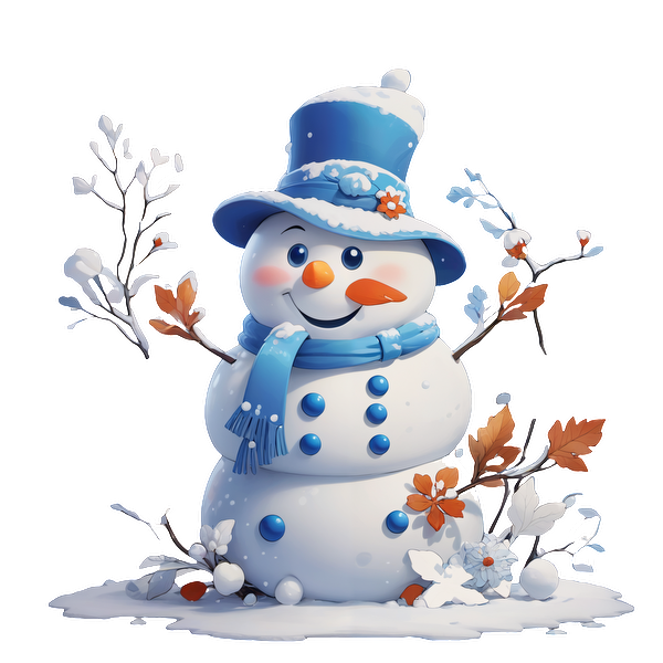 A cheerful snowman wearing a blue top hat and scarf, surrounded by colorful autumn leaves and white flowers.DTF Transfers dtf transfers