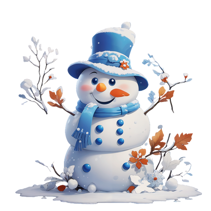 A cheerful snowman wearing a blue top hat and scarf, surrounded by colorful autumn leaves and white flowers.DTF Transfers dtf transfers