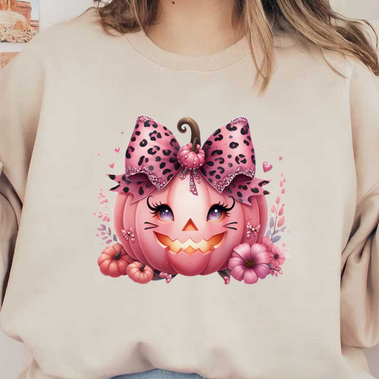 This whimsical pink pumpkin features a cheerful face, adorned with a leopard-print bow and surrounded by cute flowers and small pumpkins.