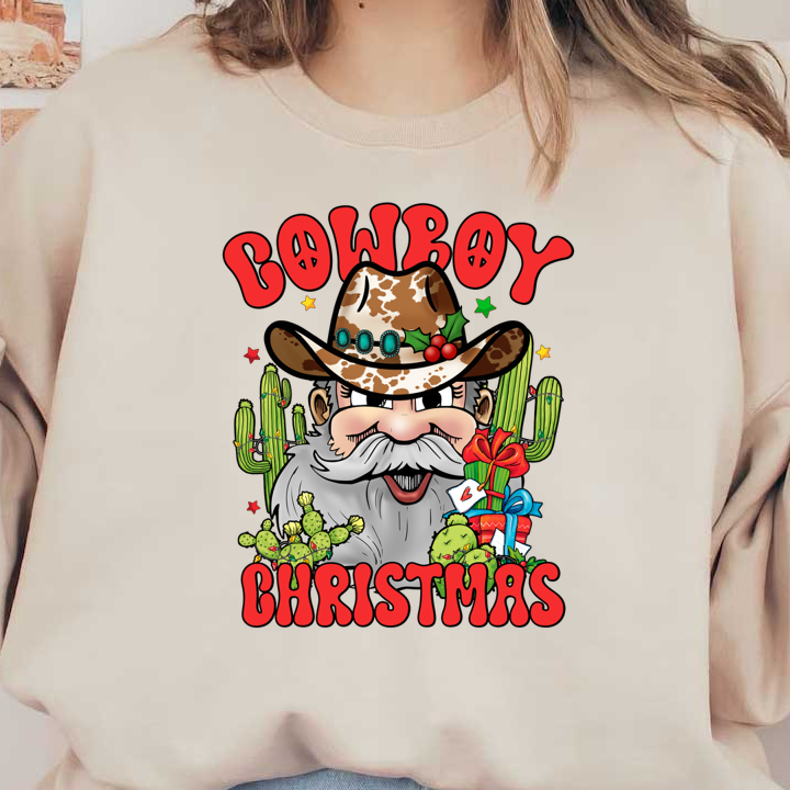 Celebrate the season with this whimsical "Cowboy Christmas" design featuring a cheerful cowboy, cacti, and festive gifts!dtf regular iron