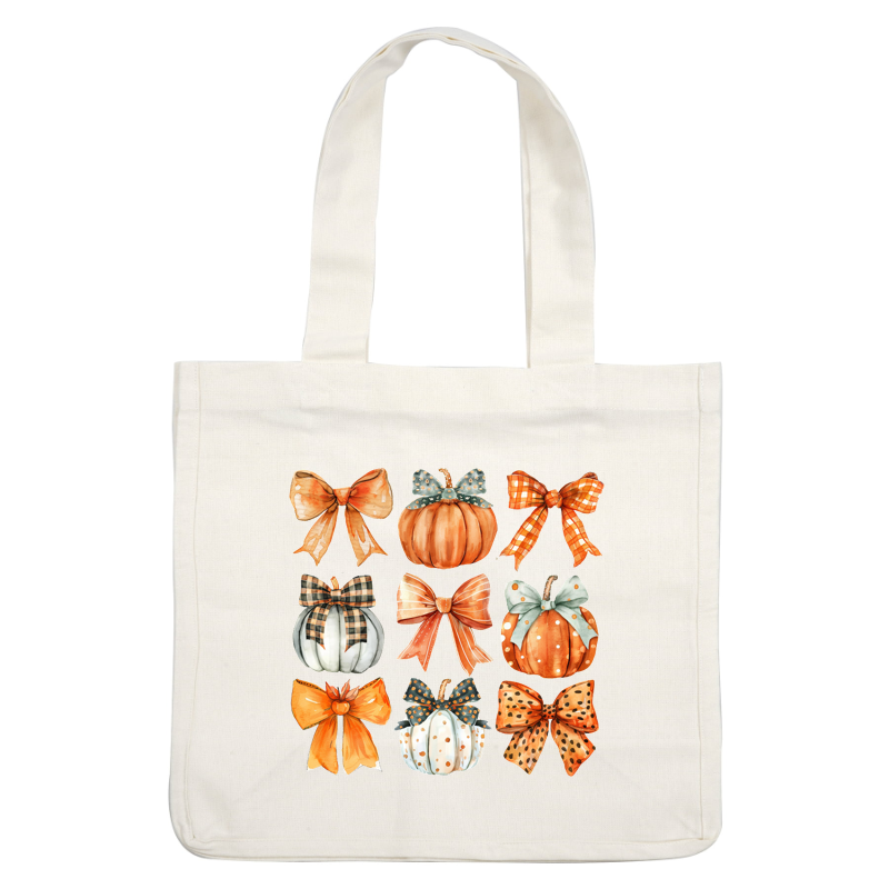 A charming collection of watercolor pumpkins and bows in autumn hues, featuring patterns like plaid and polka dots. heat press transfers