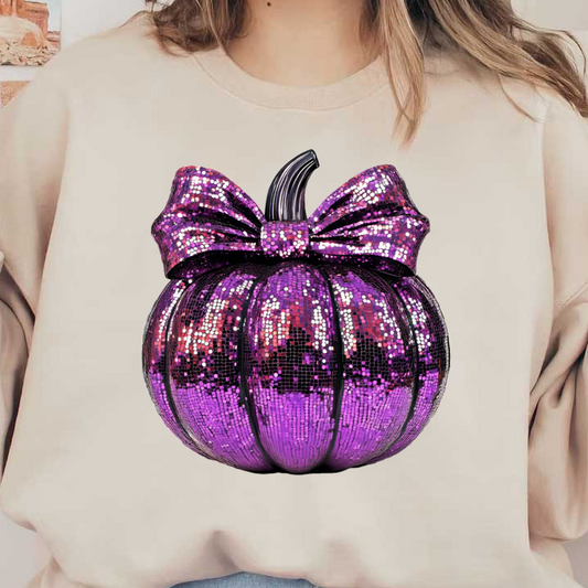 Shiny purple pumpkin decorated with sequins and a stylish bow, perfect for festive decorations or Halloween! dtf prints