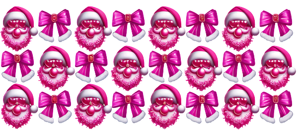 A colorful pattern featuring cheerful Santa faces with pink hats, fluffy white beards, and vibrant pink bows.UV Transfers dtf transfers