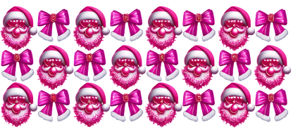 A colorful pattern featuring cheerful Santa faces with pink hats, fluffy white beards, and vibrant pink bows.UV Transfers dtf transfers