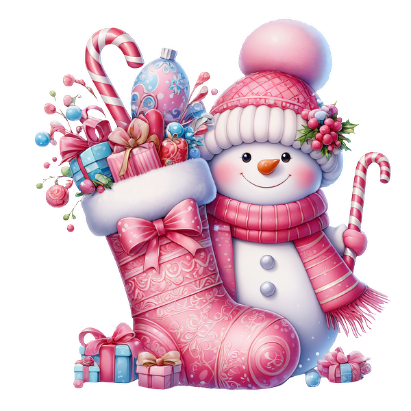 A cheerful snowman in a pink knitted hat stands beside a festive pink stocking filled with gifts and candy canes. heat press transfers