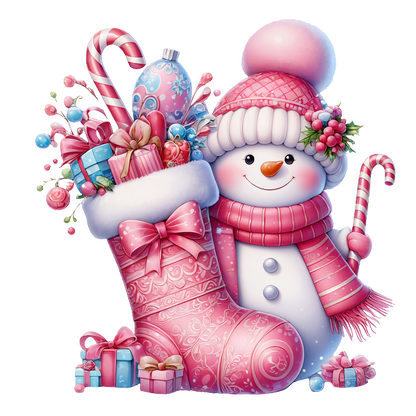 A cheerful snowman in a pink knitted hat stands beside a festive pink stocking filled with gifts and candy canes. heat press transfers