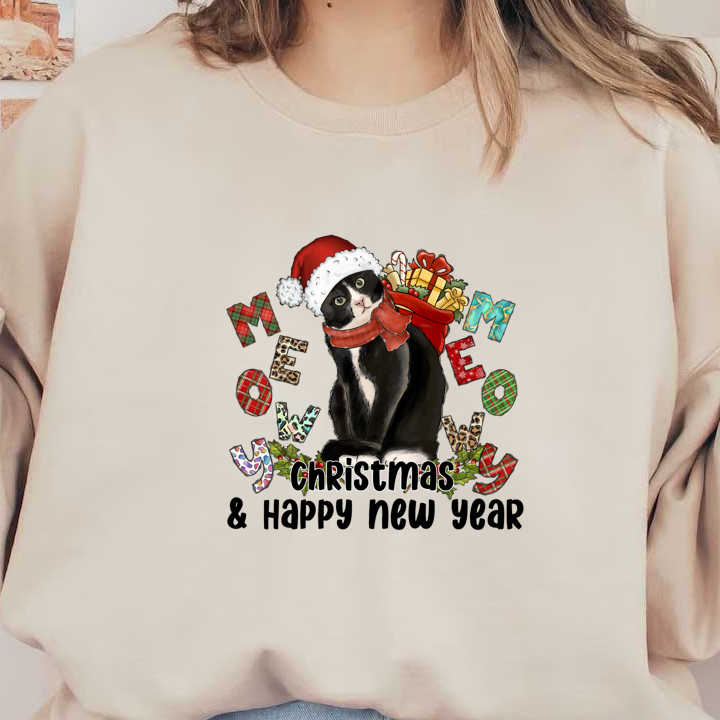 A festive black and white cat in a Santa hat with a scarf surrounded by colorful letters and holiday gifts.DTF Transfers dtf prints