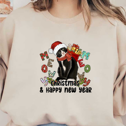 A festive black and white cat in a Santa hat with a scarf surrounded by colorful letters and holiday gifts.DTF Transfers dtf prints