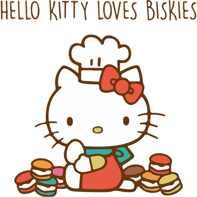 Hello Kitty, dressed as a chef with a playful apron and chef hat, joyfully holds a biscuit while surrounded by colorful treats.DTF Transfers