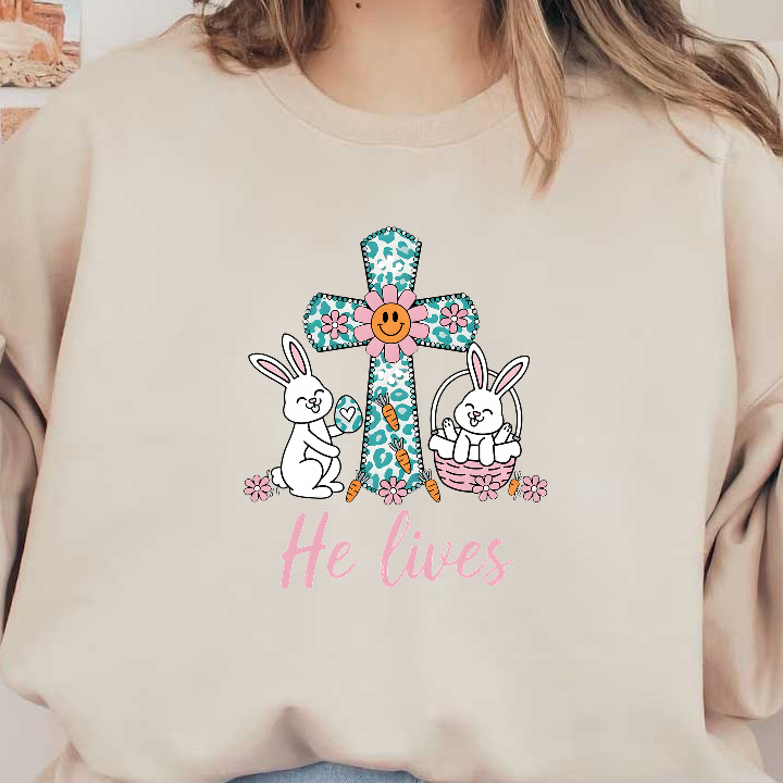 A cheerful Easter-themed design featuring cute bunnies, a colorful cross, and the uplifting phrase "He lives," perfect for spring celebrations.DTF Transfers