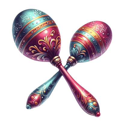 Colorful and ornate maracas featuring intricate patterns and vibrant hues, perfect for adding rhythm to any musical setting.DTF Transfers