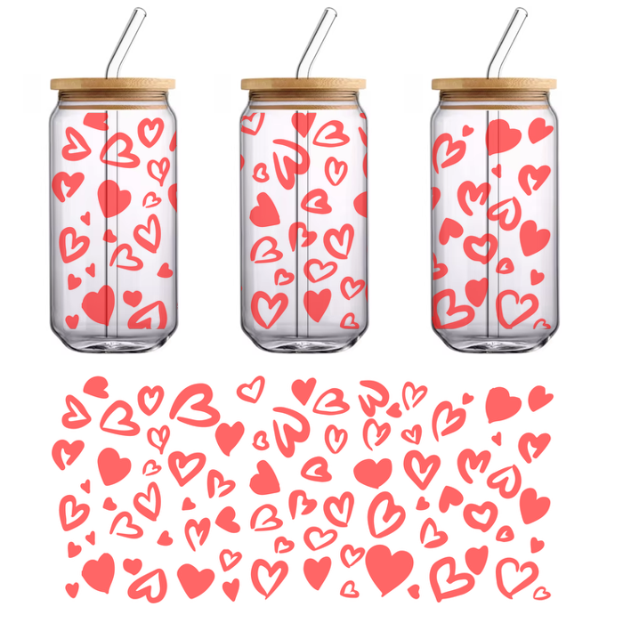 A cheerful pattern of assorted red hearts in various sizes and styles, perfect for expressing love and affection.UV Transfers heat press transfers