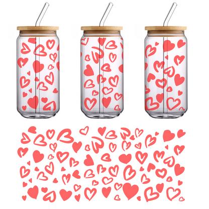 A cheerful pattern of assorted red hearts in various sizes and styles, perfect for expressing love and affection.UV Transfers heat press transfers