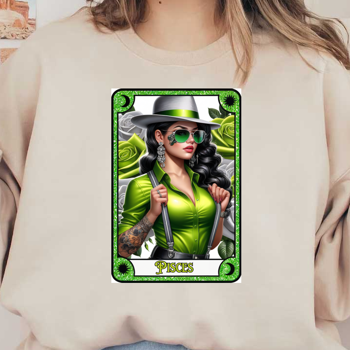 Una mujer elegante encarna el signo zodiacal de Piscis, vistiendo una camisa verde vibrante, tirantes plateados y un elegante sombrero de ala ancha.