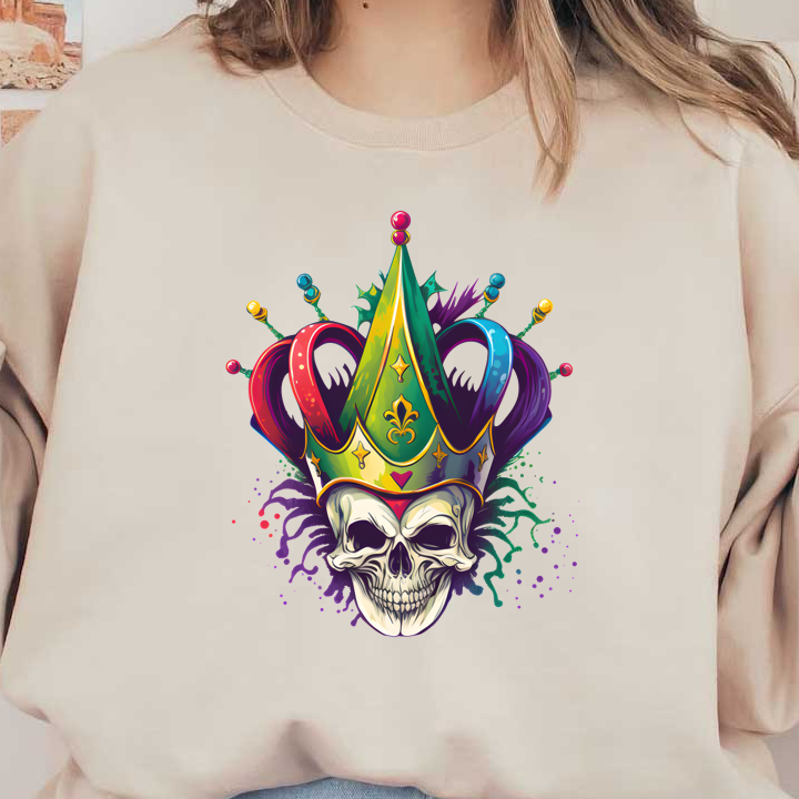 This vibrant design features a skull adorned with a colorful jester crown, radiating an eye-catching, playful energy.DTF Transfers