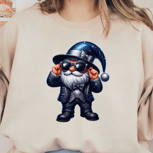 This whimsical gnome features a sparkly silver suit and a starry hat, complete with sunglasses for a stylish touch.