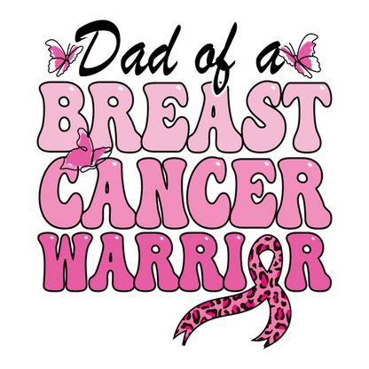 Bold "Breast Cancer Warrior" design in pink, featuring butterflies and a pink leopard print ribbon, symbolizing strength and awareness. heat press transfers