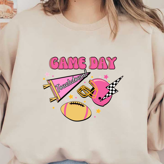 Diseño colorido "Game Day" con un casco de fútbol rosa, un banderín de animadoras y una pelota de fútbol, ​​¡perfecto para los entusiastas de los deportes!