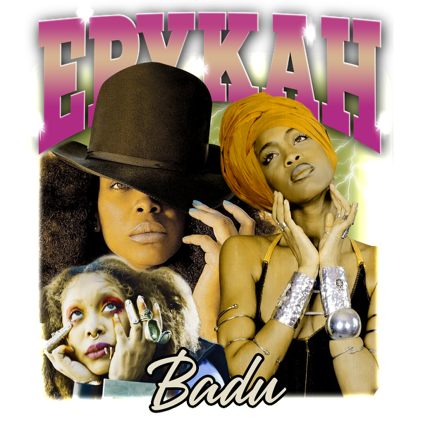 A vibrant collage featuring Erykah Badu with iconic hairstyles and distinctive accessories, showcasing her unique style and artistry.DTF Transfers dtf prints