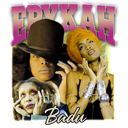 A vibrant collage featuring Erykah Badu with iconic hairstyles and distinctive accessories, showcasing her unique style and artistry.DTF Transfers dtf prints