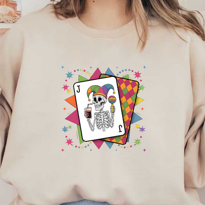 A whimsical playing card design featuring a jester skeleton holding a colorful drink and maraca, surrounded by vibrant stars and shapes.DTF Transfers