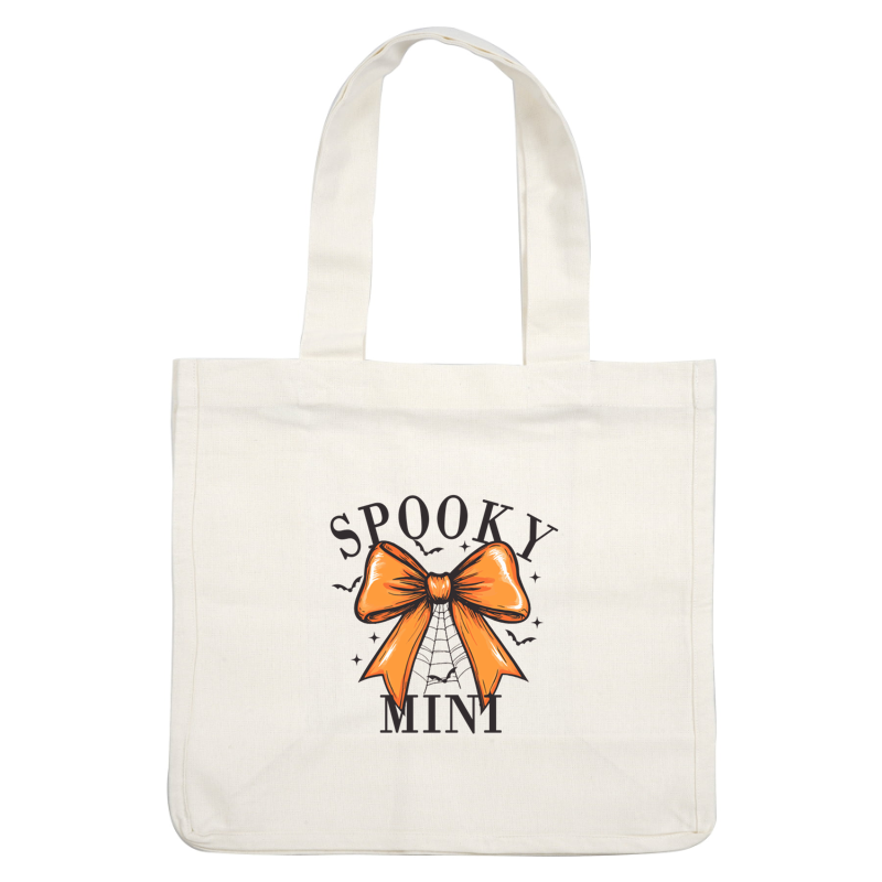 A vibrant orange bow decorates the design, featuring the words "SPOOKY MINI" and a spider web for a festive Halloween touch. heat press transfers