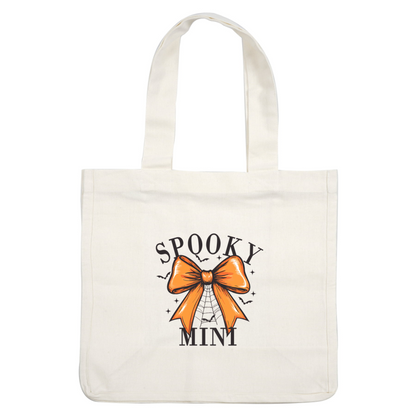 A vibrant orange bow decorates the design, featuring the words "SPOOKY MINI" and a spider web for a festive Halloween touch. heat press transfers