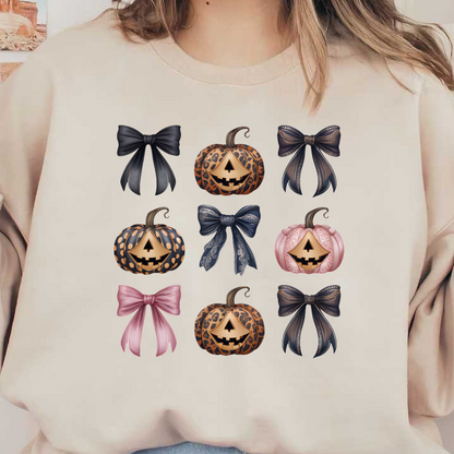 Una divertida colección de calabazas y lazos con temática de Halloween, con diseños únicos como estampado de leopardo y colores elegantes.