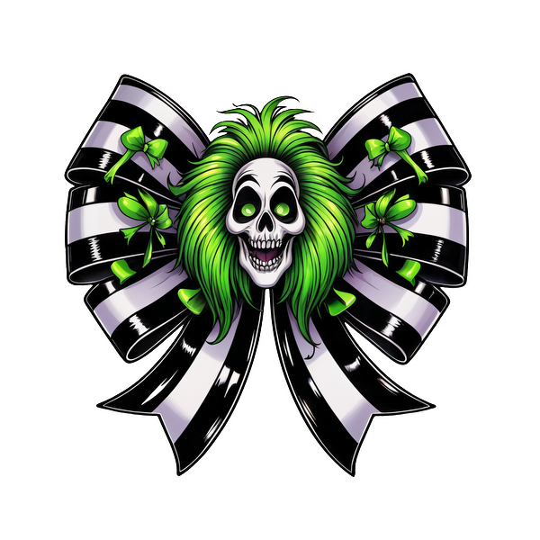 A vibrant skull with green hair is featured within a stylish black and white striped bow, accented by green bows.dtf regular iron