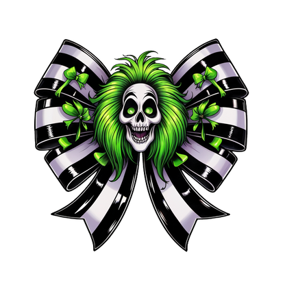 A vibrant skull with green hair is featured within a stylish black and white striped bow, accented by green bows.dtf regular iron